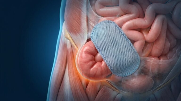Ilustración 3D de hernia inguinal reparada con malla